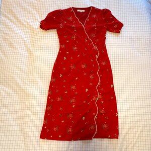 Simple Retro Kimura Floral Print Midi Dress Red Size Medium